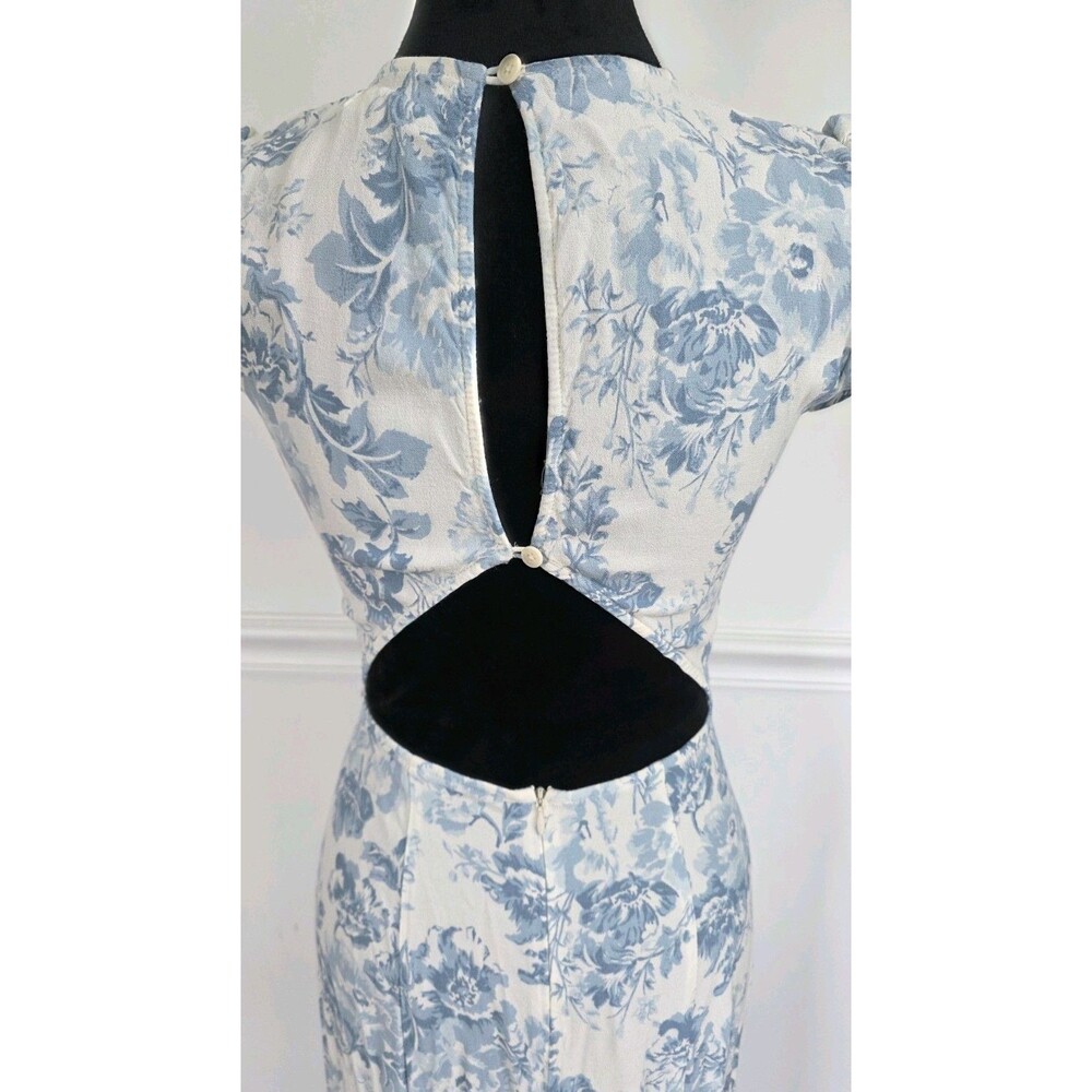 REFORMATION Size 4 Blue White Floral Midi Dress Open Back Cutout Tea Dress